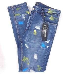 Road Narrows Custom Paint-Splatter Jeans Mens 34x32 (Tag 36) Distressed Stretch